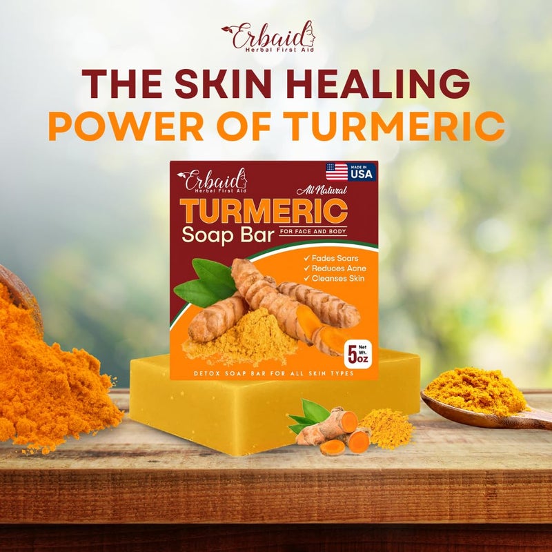 Erbaid Natural Turmeric Soap Bar for Face Body Turmeric Skin Brightening Soap for Dark Spots Intimate Areas Underarms Turmeric Face Wash for Acne 5oz Turmeric Bar Made in USA - Image 2