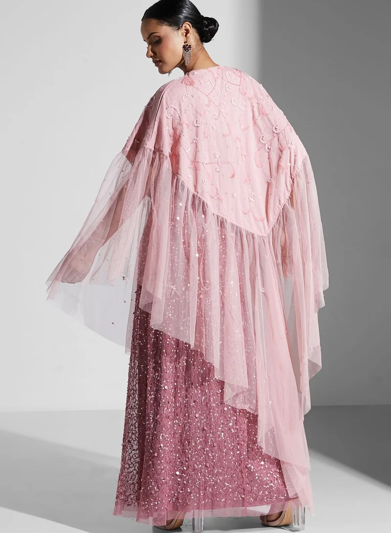 Frock and Frill Asymmetric Embroidered Ruffle Detail Dress