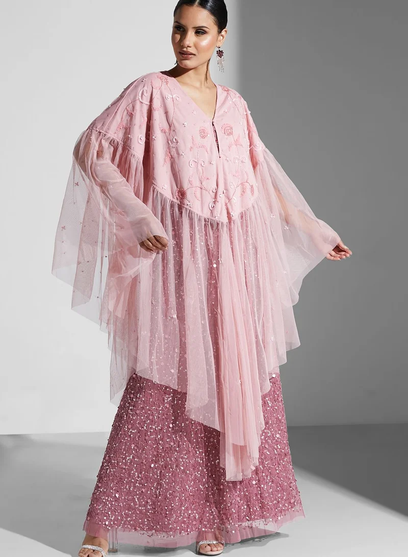 Frock and Frill Asymmetric Embroidered Ruffle Detail Dress