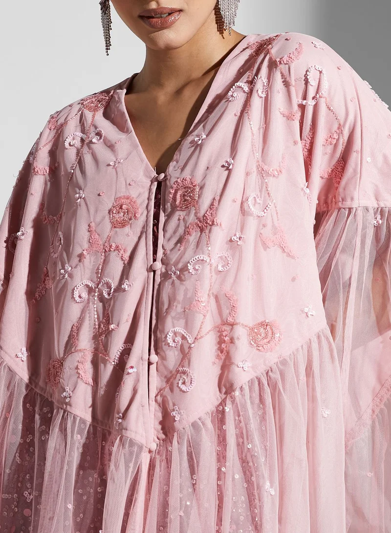 Frock and Frill Asymmetric Embroidered Ruffle Detail Dress