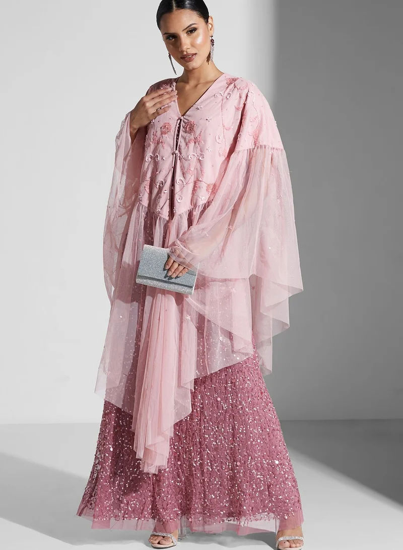 Frock and Frill Asymmetric Embroidered Ruffle Detail Dress