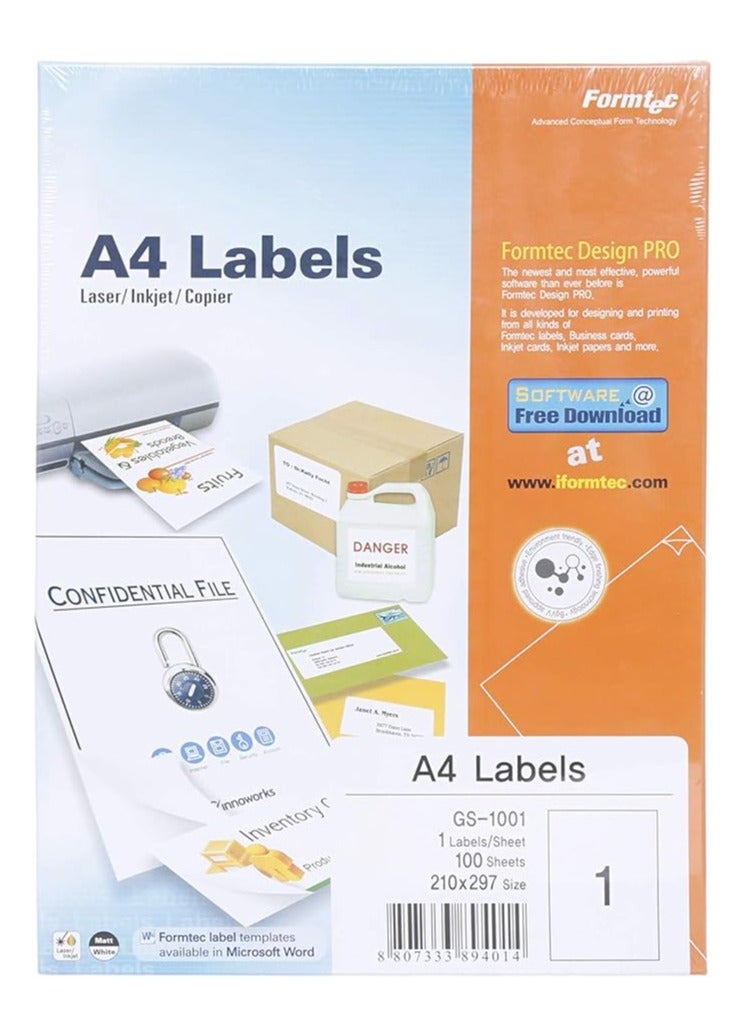 Formtec A4 Labels, 1 Label Per Sheet (Box of 100 Sheets)