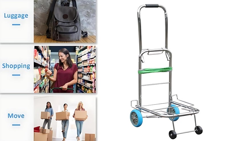 Dhaval 200KG Heavy-Duty Foldable Stainless Steel Luggage Cart Trolley with 4 PU Wheels | Portable Folding Hand Truck with Elastic Rope | Travel Suitcase Carrier, Warehouse Cargo Dolly, Grocery - Image 3