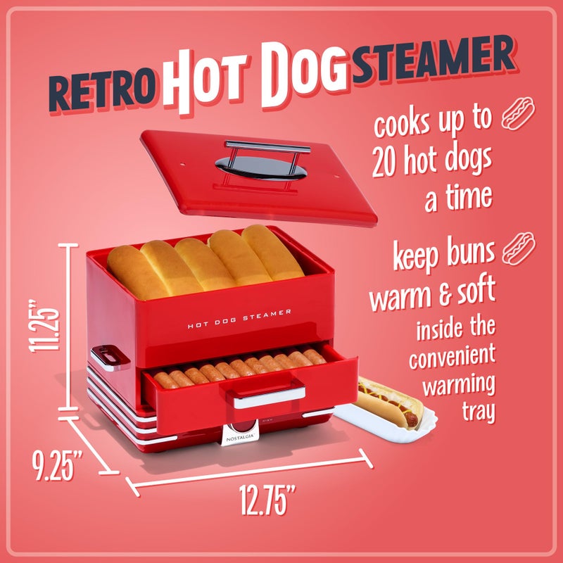 Nostalgia Extra Large Diner-Style Steamer 20 Hot Dogs and 6 Bun Capacity, Perfect for Breakfast Sausages, Brats, Vegetables, Fish - Image 2