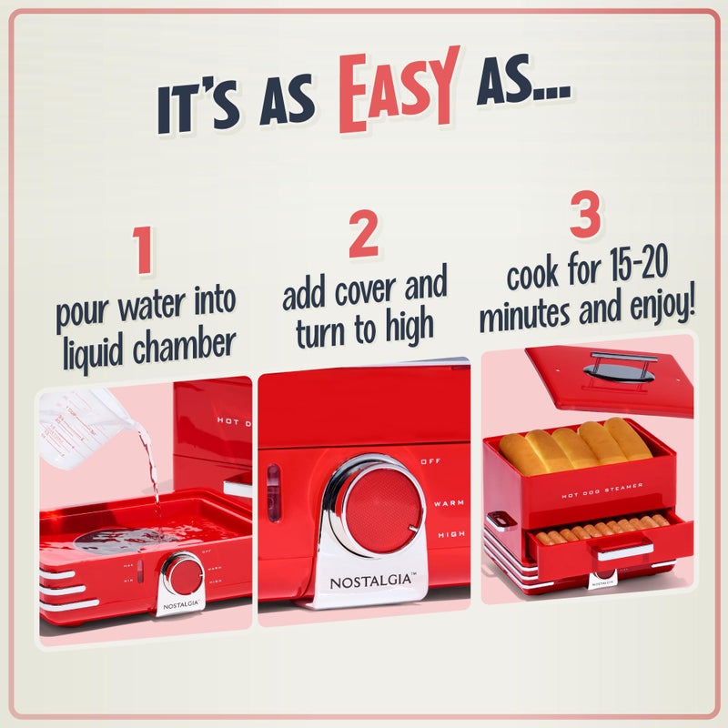 Nostalgia Extra Large Diner-Style Steamer 20 Hot Dogs and 6 Bun Capacity, Perfect for Breakfast Sausages, Brats, Vegetables, Fish - Image 3