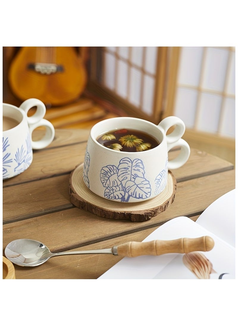 Qahwa White ceramic mug with elegant blue print and double handle provides exceptional comfort and modern elegance.  - Image 3