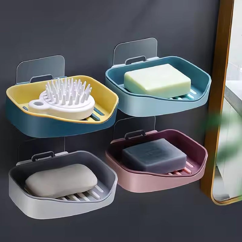 Prostuff.in® Self Adhesive Wall Mounted Double Layer Soap Dish Sponge Drain Rack Storage Rack Waterproof Soap Stand Bathroom Accessories Set Self Draining Slanting Design Assorted Colour 2 Pcs - Image 1