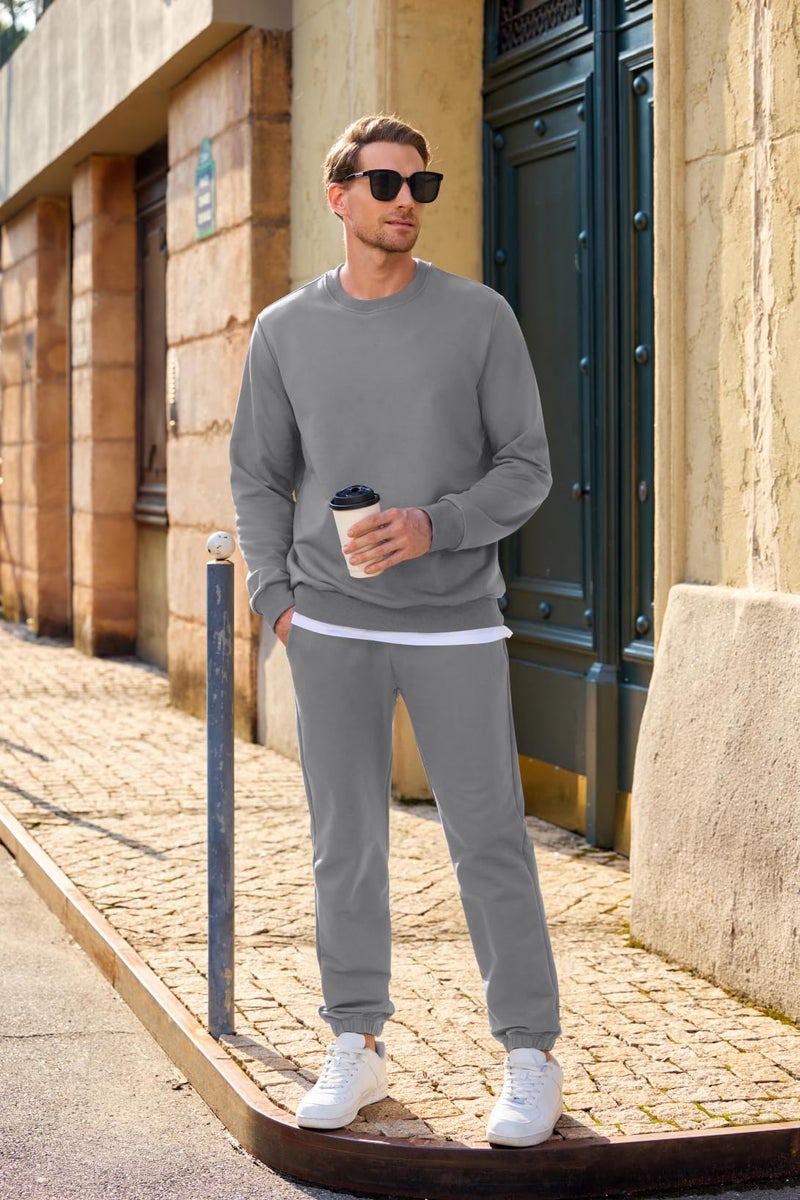 JMIERR Mens Track Suits 2 Piece Set Airport Outfits Long Sleeve Crewneck Essentials Pants Sweatshirt Joggers Sweatpants Baggy Outfits Fall Tracksuit Sweatsuits Matching Lounge Sets, 3XL, Medium Grey - Image 3