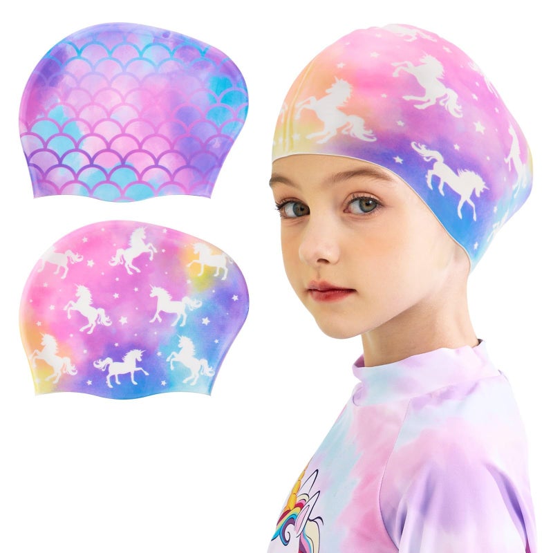 WAWSAM 2 Pack Kids Swim Cap Silicone Waterproof Swim Caps for Boys Girls 38 Years Unicorn Mermaid Design Swimming Cap for Kids 38 Long and Short Hair MermaidUnicorn - Image 2