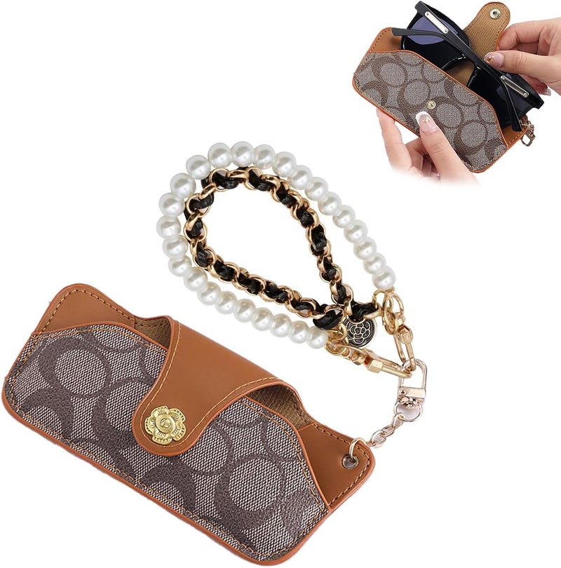 KASTWAVE Soft Leather Glasses Bag, Ultra-Thin Portable Sunglasses Case for Women with Pearl Chain - Image 1