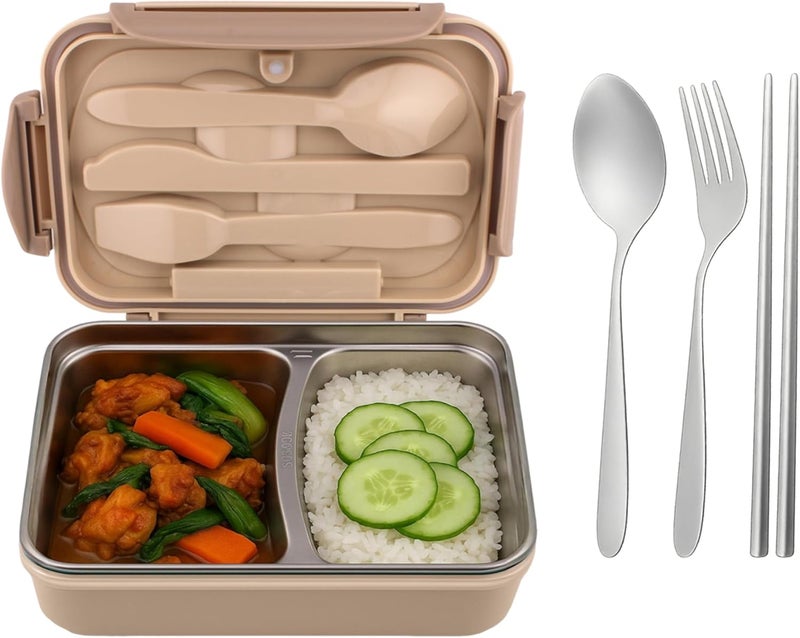 Cravista Stainless Steel Bento Lunch Box for Adults and Kids – 1200ML Leakproof Bento Box with Spoon, Fork & Chopsticks – Tiffin Box for Office and School | Lunchbox for Men, Women (Beige) - Image 1