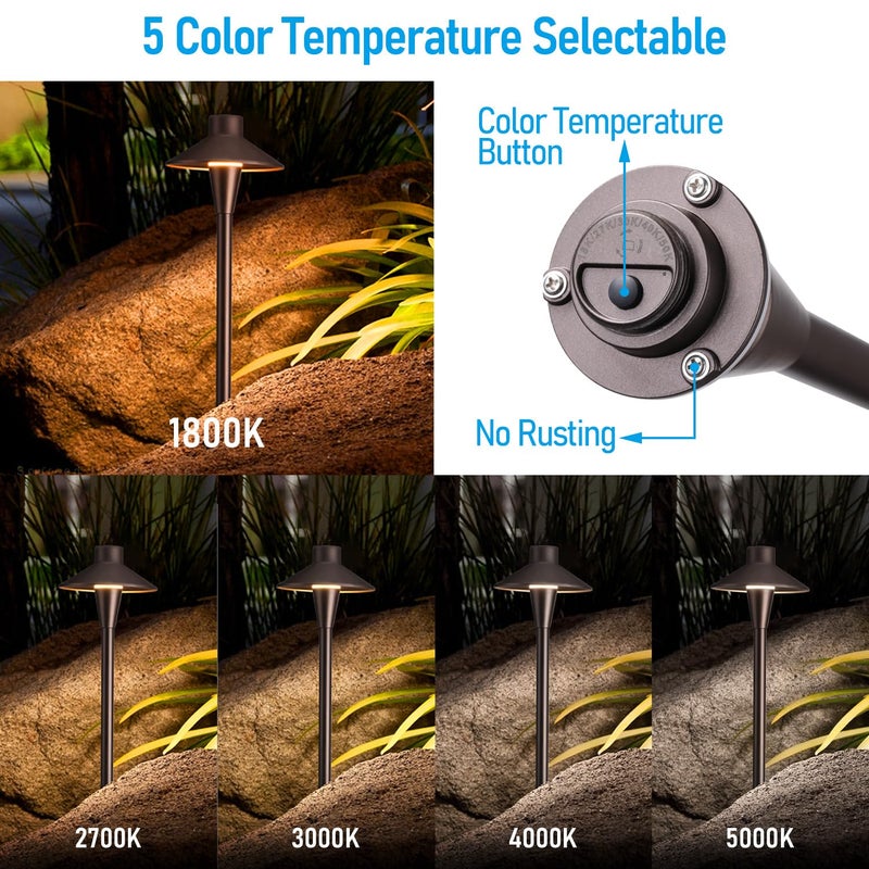 LEONLITE Update 5CCT Low Voltage Pathway Lights, 12-24V LED Landscape Path Light, 1800/2700/3000/4000/5000K, CRI90, IP65 Waterproof Landscape Lighting, Aluminum Housing, Oil Rubbed Bronze, Pack of 6 - Image 3