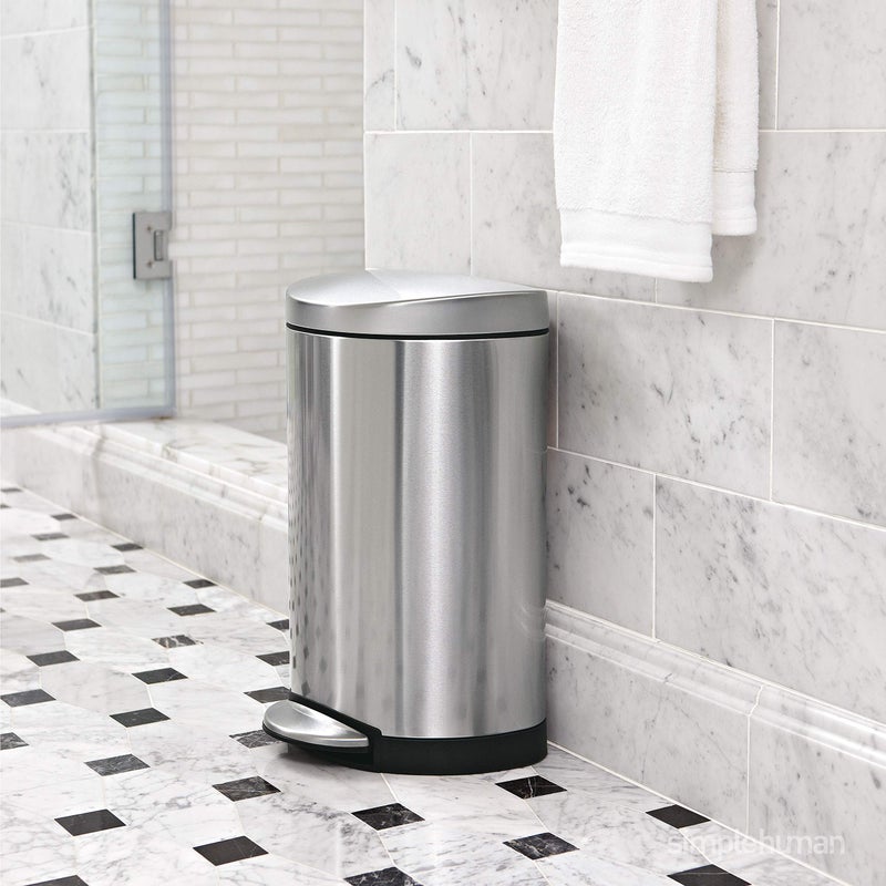 simplehuman 6 Liter / 1.6 Gallon Semi-Round Bathroom Step Trash Can, White Steel - Image 2