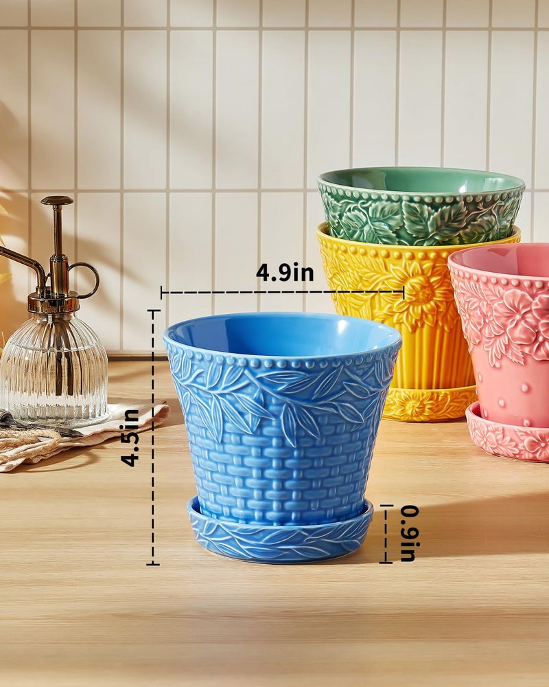 Metahom Ceramic Plant Pots, 4.9 Inch Flower Pots with Drainage Hole & Saucer, Colorful Planter Pots for Indoor Plants, Small Pots for Succulent, Catus, Home Decor, Set of 4, Assorted Colors - Image 2