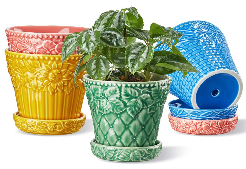 Metahom Ceramic Plant Pots, 4.9 Inch Flower Pots with Drainage Hole & Saucer, Colorful Planter Pots for Indoor Plants, Small Pots for Succulent, Catus, Home Decor, Set of 4, Assorted Colors - Image 1