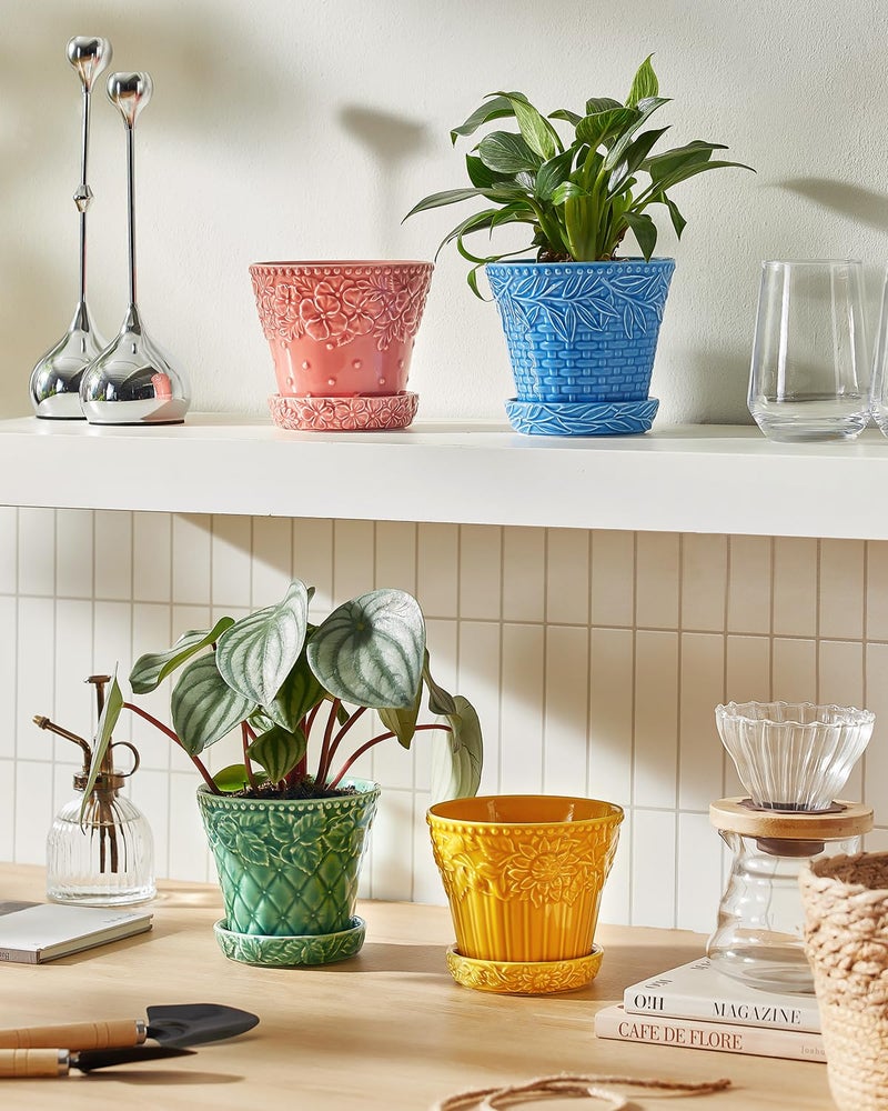 Metahom Ceramic Plant Pots, 4.9 Inch Flower Pots with Drainage Hole & Saucer, Colorful Planter Pots for Indoor Plants, Small Pots for Succulent, Catus, Home Decor, Set of 4, Assorted Colors - Image 3