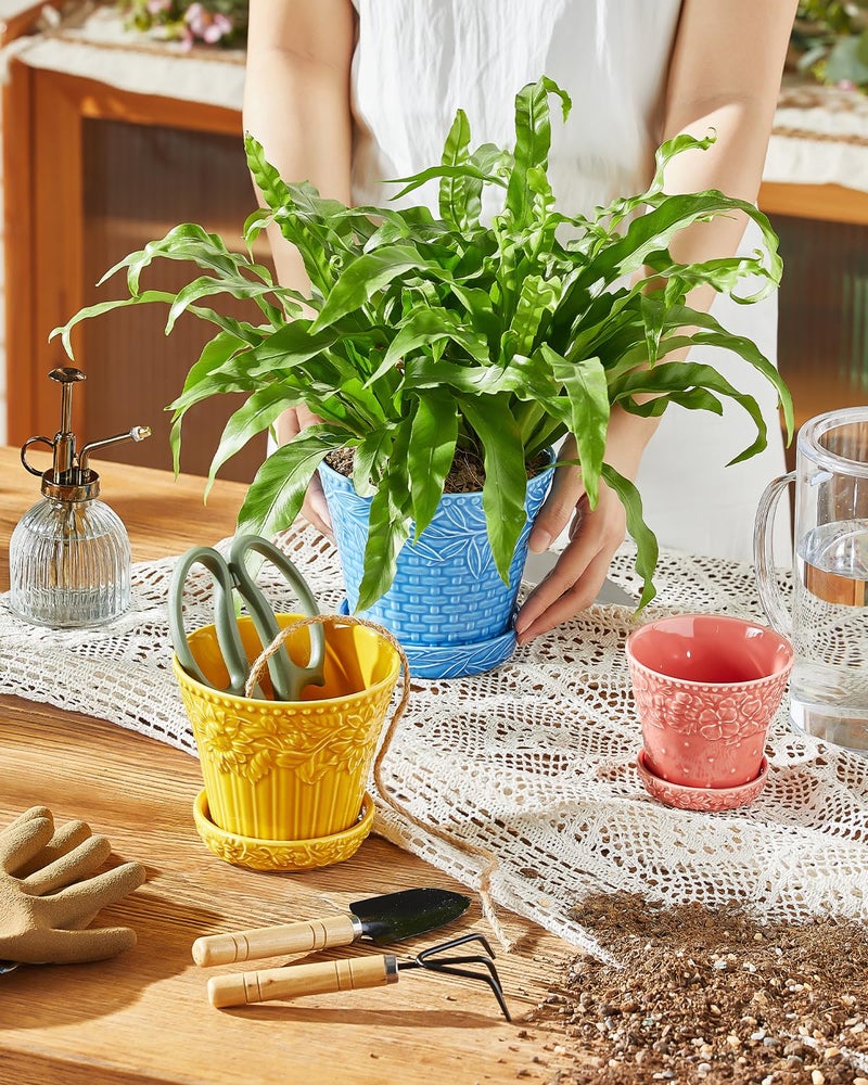 Metahom Ceramic Plant Pots, 4.9 Inch Flower Pots with Drainage Hole & Saucer, Colorful Planter Pots for Indoor Plants, Small Pots for Succulent, Catus, Home Decor, Set of 4, Assorted Colors - Image 4