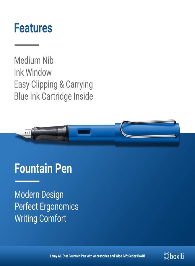 Boxiti Lamy AL- Star Pen | Ocean Blue | Medium Nib | 5 Black Ink Cartridges, Z28 Converter and Wipe - Image 2