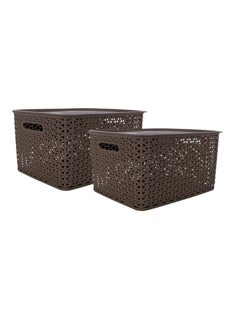 BEL CASA Royal Basket With lidsLarge Pack of 2 with 2 lids Multipurpose Plastic Storage Rectangular Shape Baskets For WardrobeHomeKitchenDark Brown