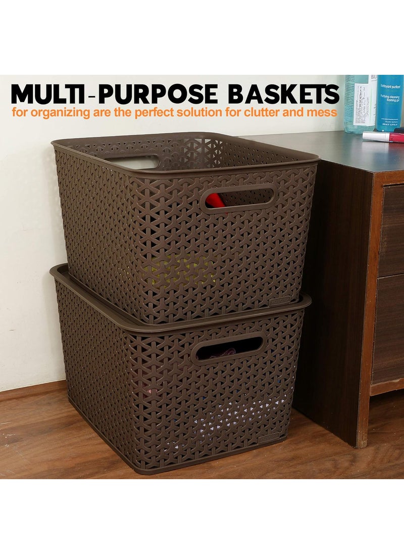 Bel Casa BEL CASA Royal Basket With lidsLarge Pack of 2 with 2 lids Multipurpose Plastic Storage Rectangular Shape Baskets For WardrobeHomeKitchenDark Brown  - Image 5