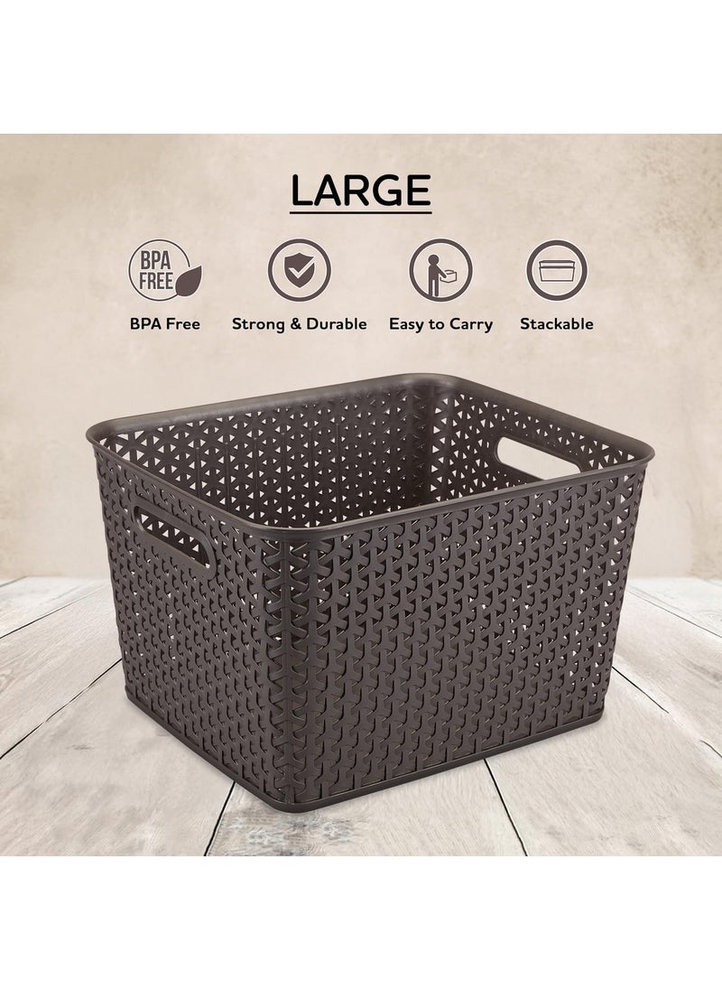 Bel Casa BEL CASA Royal Basket With lidsLarge Pack of 2 with 2 lids Multipurpose Plastic Storage Rectangular Shape Baskets For WardrobeHomeKitchenDark Brown  - Image 2