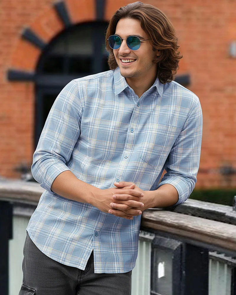 بيواكوف Men's Blue & White Checked Cotton Linen Shirt