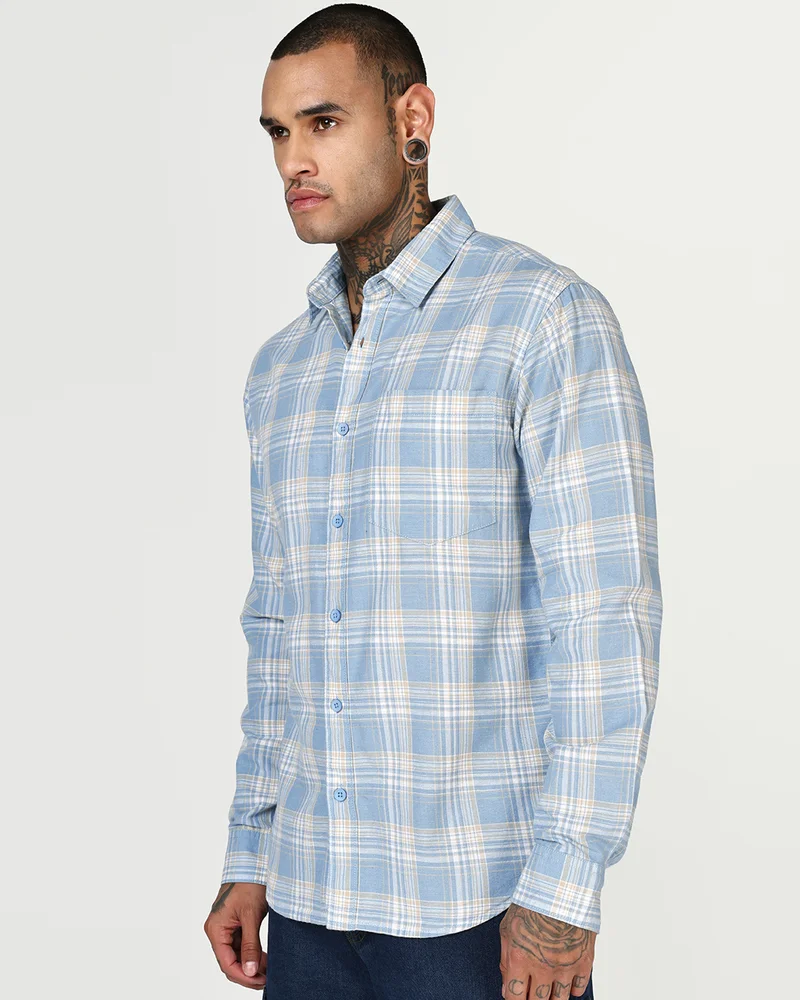 بيواكوف Men's Blue & White Checked Cotton Linen Shirt