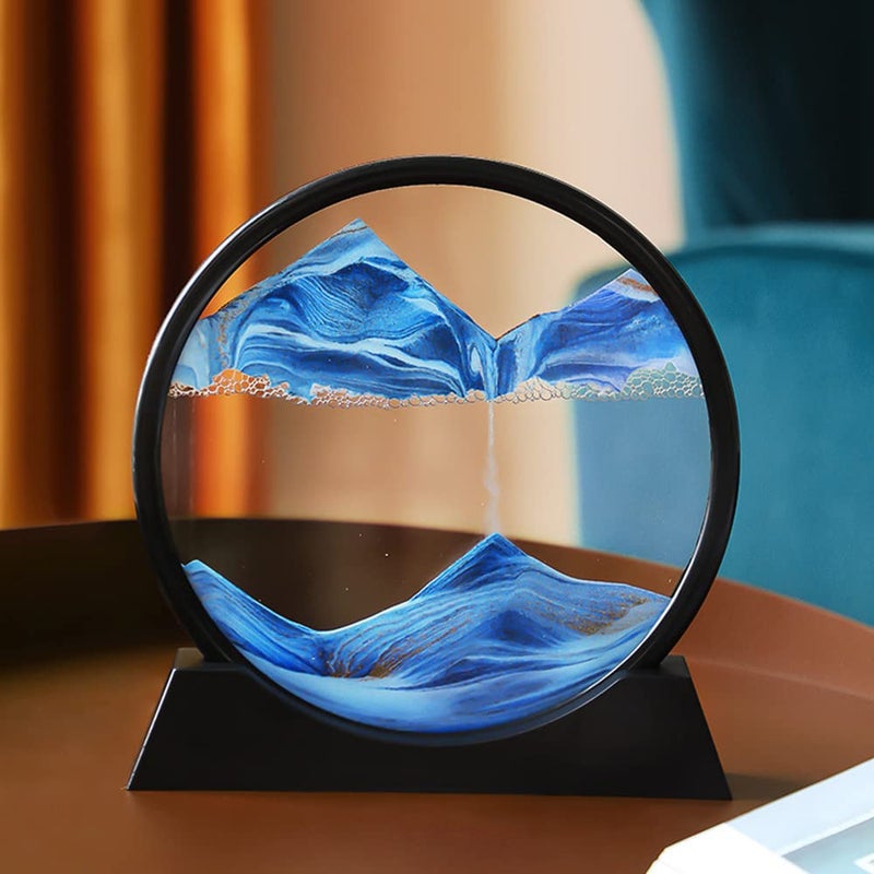 Arthink Moving Sand Art Picture - Liqud Motion Round Glass 3D Deep Sea Landscape,Dynamic Sand Art Sandscapes, Sensory Relaxing Desktop Home Office Decor Gift(7 inch, Blue) - Image 2