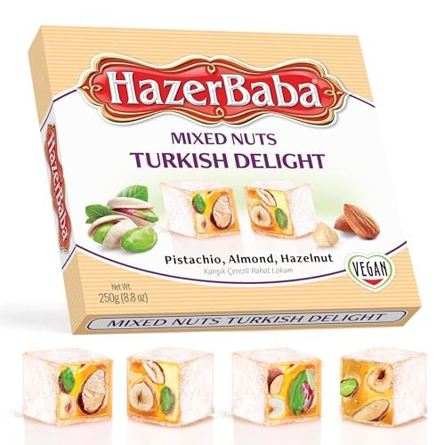 HazerBaba Hazer Baba Turkish Delight Candy with Pistachio, Almond & Hazelnut, 8.8oz (Pack of 1), Gourmet Snack Box, Traditional, Vegan Snack, Lokum, Sweets, Loukumi, Delicias Turcas, Halal, Kosher - Image 1