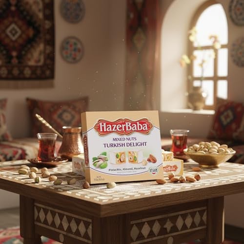 HazerBaba Hazer Baba Turkish Delight Candy with Pistachio, Almond & Hazelnut, 8.8oz (Pack of 1), Gourmet Snack Box, Traditional, Vegan Snack, Lokum, Sweets, Loukumi, Delicias Turcas, Halal, Kosher - Image 4