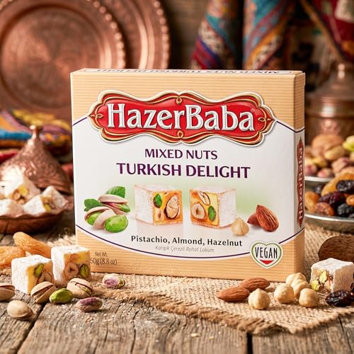 HazerBaba Hazer Baba Turkish Delight Candy with Pistachio, Almond & Hazelnut, 8.8oz (Pack of 1), Gourmet Snack Box, Traditional, Vegan Snack, Lokum, Sweets, Loukumi, Delicias Turcas, Halal, Kosher - Image 3