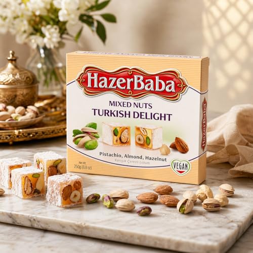 HazerBaba Hazer Baba Turkish Delight Candy with Pistachio, Almond & Hazelnut, 8.8oz (Pack of 1), Gourmet Snack Box, Traditional, Vegan Snack, Lokum, Sweets, Loukumi, Delicias Turcas, Halal, Kosher - Image 5