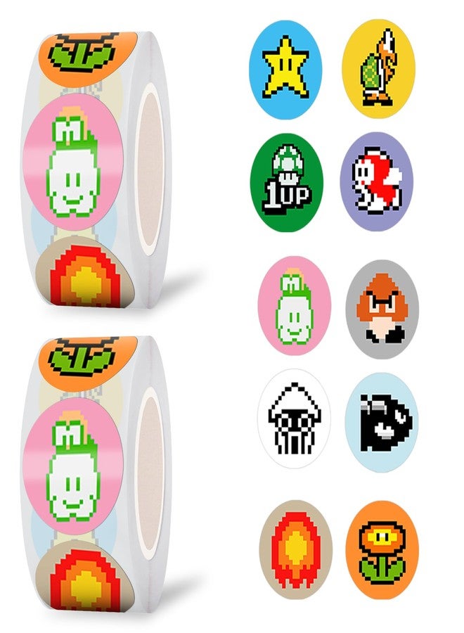 Pounchi Cartoon Pixel Game Dot Sticker Roll (1000 Pcs 1 inch) Cute Video Game Reward Stickers in 2 Rolls 10 Designs Gifts for Teacher School Supplies Laptop Water Bottle Vinyl Stickers for Teens Kids - Image 1