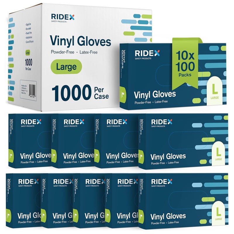 RIDEX Disposable Gloves Latex-Free Clear Vinyl Gloves, 1000-Count, Thick, Powder-Free, All-Purpose, Large, Ambidextrous, Clear Family - Image 1