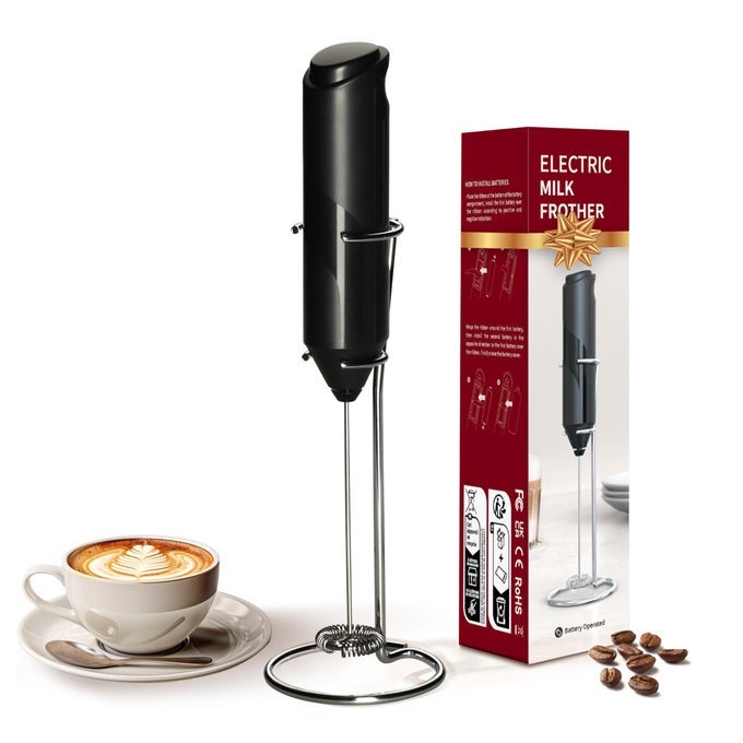 ELECTRIC MILK FROTHER HANDHELD WITH STAINLESS STEEL STAND BATTERY OPERATED WHISK DRINK MIXER FOR COFFEE FRAPPE LATTE MATCHA HOT CHOCOLATE MINI HAND BLENDER BLACK