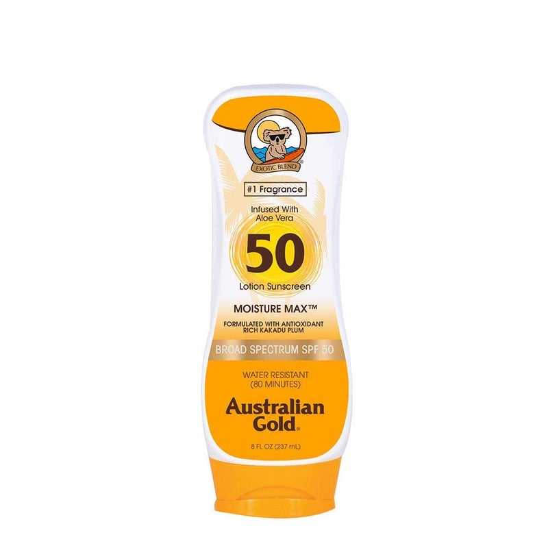Australian Gold Sunscreen Lotion SPF 50 8 Ounce  Moisture Max  Infused with Aloe Vera  Broad Spectrum  Water Resistant