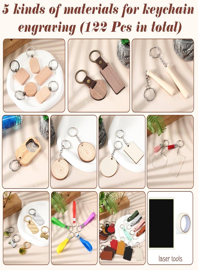 Tondiamo 122 Pcs Laser Engraving Blanks Keychains Bulk Laser Cutting Engraving Materials Accessories Including Wood, Stainless Steel, Acrylic, PU Leather, Silicone and Marking Paper Tape for Laser - Image 3
