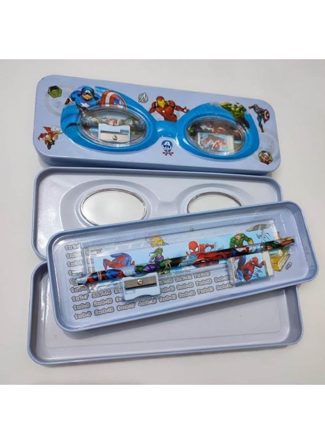 Two-tier metal pencil case set for boys featuring a superhero design; includes an eraser, pencil, sharpener, and ruler. Made from durable materials and suitable as a gift. - Image 1