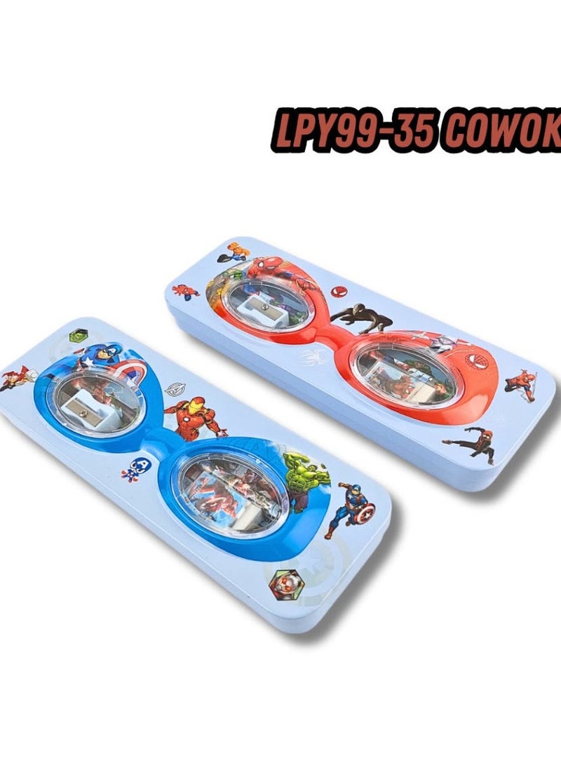 Two-tier metal pencil case set for boys featuring a superhero design; includes an eraser, pencil, sharpener, and ruler. Made from durable materials and suitable as a gift. - Image 2