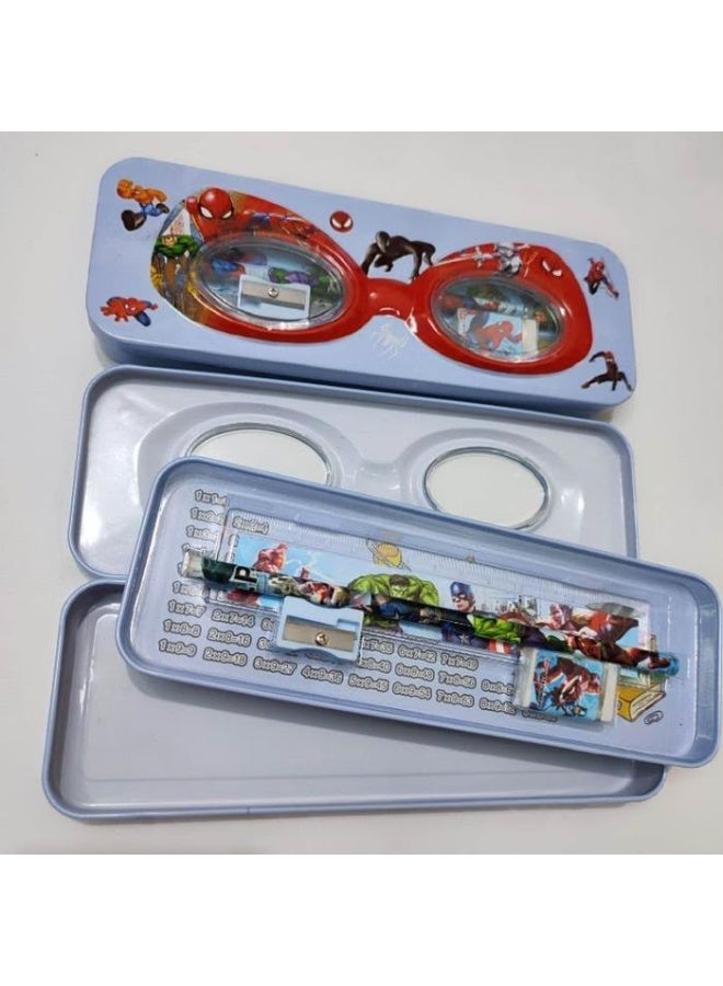 Two-tier metal pencil case set for boys featuring a superhero design; includes an eraser, pencil, sharpener, and ruler. Made from durable materials and suitable as a gift. - Image 3