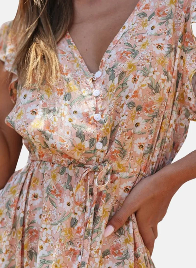 يونيكي Beige V Neck Floral Print Fit & Flared Dress