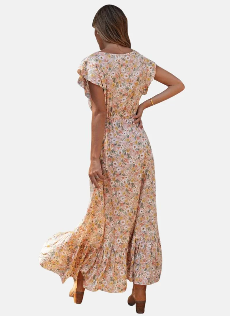 يونيكي Beige V Neck Floral Print Fit & Flared Dress
