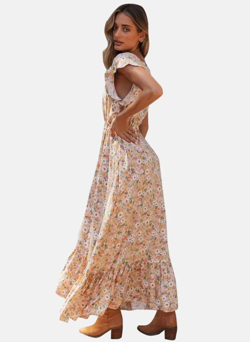 يونيكي Beige V Neck Floral Print Fit & Flared Dress