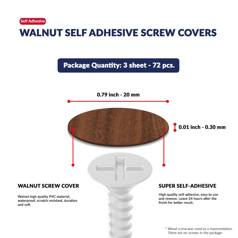 UNMAR Walnut Self-Adhesive Screw Hole Stickers - 72 Pcs. 0.79 Inch / 20 Mm Peel Stick Dust Proof Tape, Water Resistance Pvc Caps For Wood Cabinets, Furniture, Drawer, Wardrobe, Kitchen, Table - Image 2