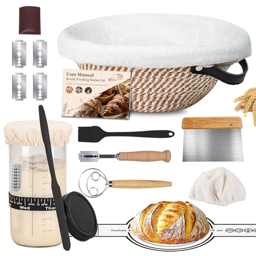 Saicefe Sourdough Starter Kit Banneton Proofing Basket 10 Round Sourdough Bread Baking Supplies With Starter Jar Bread SlingLame Danish Dough Whisk Sour Dough Kits Gifts for Bakers Women Wife Mom - Image 1