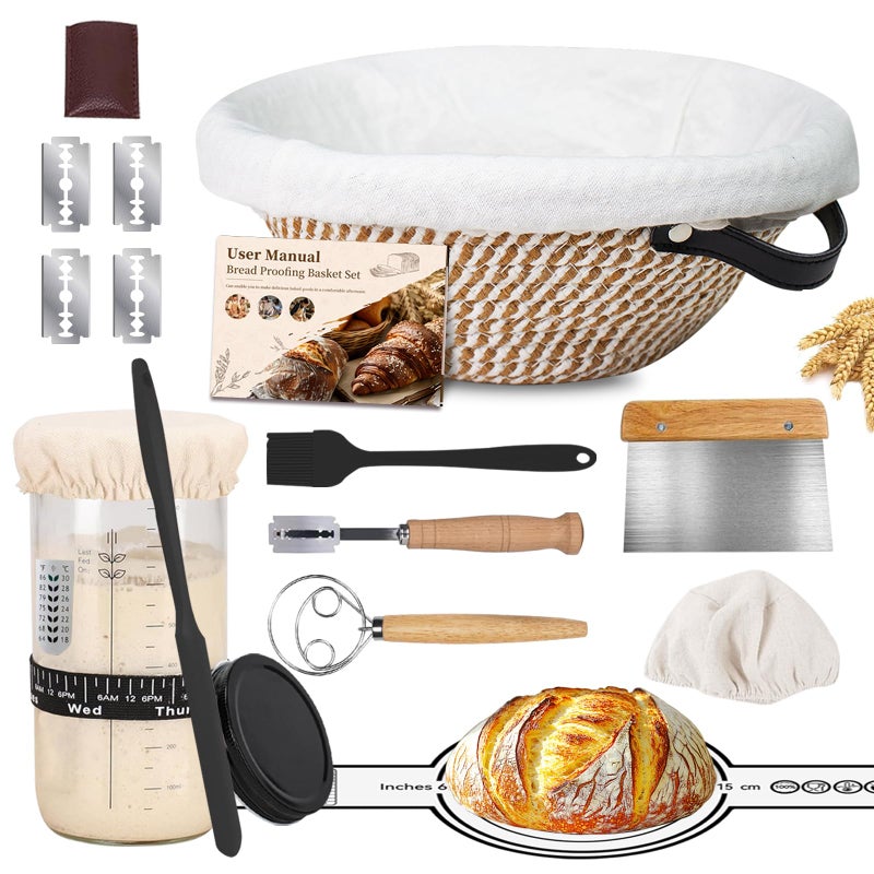 Saicefe Sourdough Starter Kit Banneton Proofing Basket 10 Round Sourdough Bread Baking Supplies With Starter Jar Bread SlingLame Danish Dough Whisk Sour Dough Kits Gifts for Bakers Women Wife Mom - Image 2