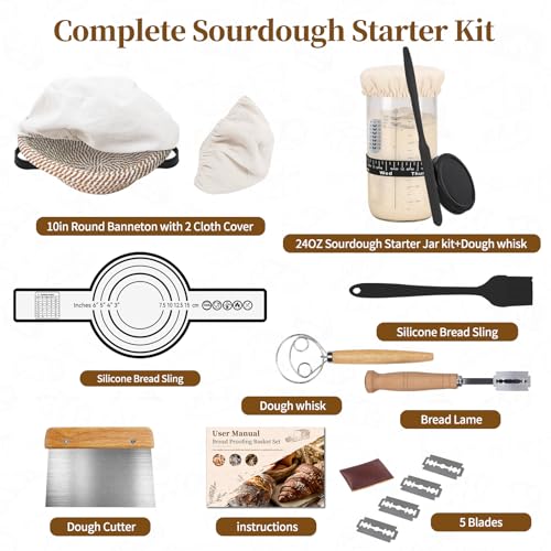 Saicefe Sourdough Starter Kit Banneton Proofing Basket 10 Round Sourdough Bread Baking Supplies With Starter Jar Bread SlingLame Danish Dough Whisk Sour Dough Kits Gifts for Bakers Women Wife Mom - Image 3