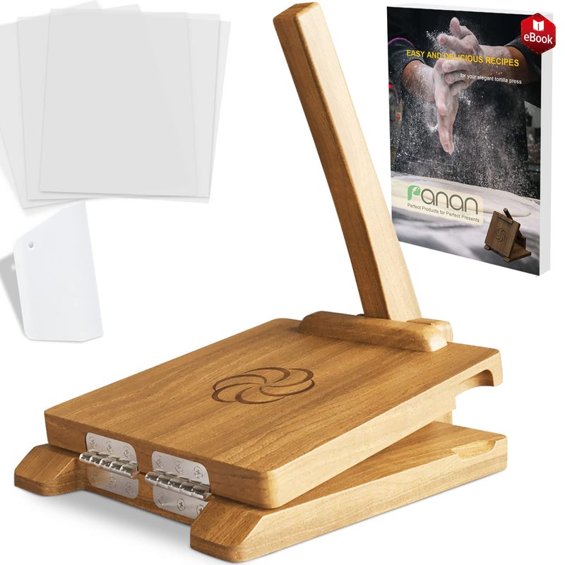 panan Wooden Tortilla Press Mexican Tortillera Presser Made from Natural Food-Grade Acacia Wood - Large Wood Pataconera with 50 Pieces Parchment Paper, Dough Cutter and Recipes eBook (Square 10") - Image 1