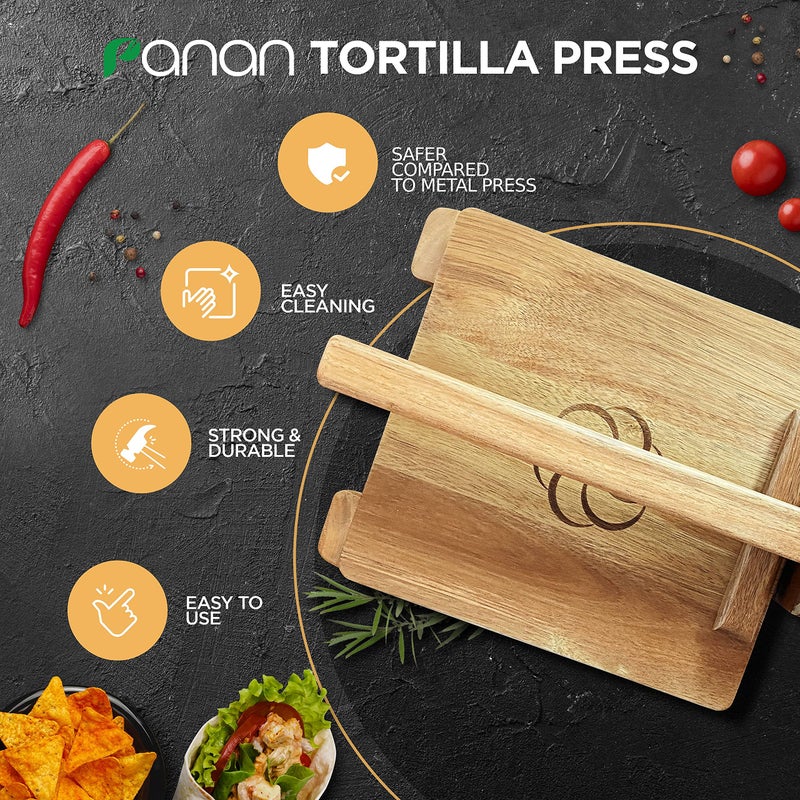 panan Wooden Tortilla Press Mexican Tortillera Presser Made from Natural Food-Grade Acacia Wood - Large Wood Pataconera with 50 Pieces Parchment Paper, Dough Cutter and Recipes eBook (Square 10") - Image 3