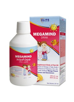 مشروب ميجاميند يحتوي على EPA، DHA، أوميغا-3 ومصدر غني بالفيتامينات بنكهة المانجو والخوخ - 227 مل